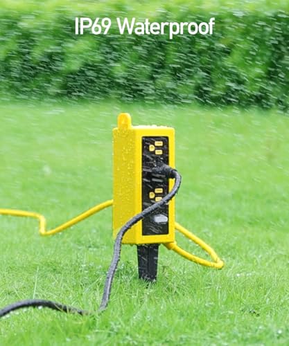Image of Outdoor Power Strip Weatherproof, ZZJ IP69 Grade Waterproof Surge Protector, 25 FT Outdoor Extension Cord with Stake, 6 AC Outlets,14 AWG Heavy Duty Cord for Outdoor Patio Garden-Yellow