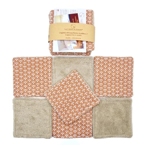 Lingettes démaquillantes lavables bambou, cotons réutilisables, pads, fait main, lot de 7 (Cappuccino à motifs)