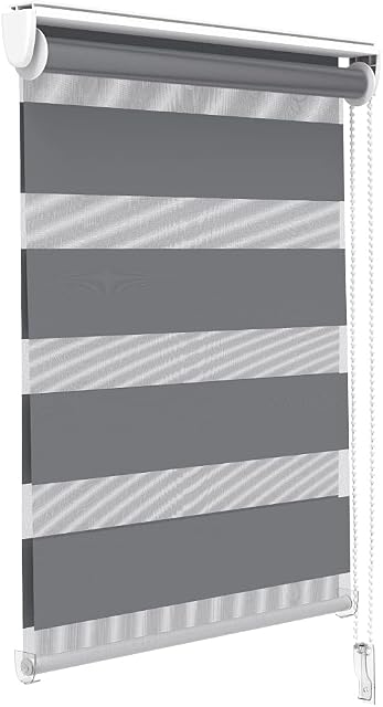 VOUNOT Day and Night Zebra Roller Blind with Clips 100 x 150 cm, Double Fabric Translucent or Blackout Vision Curtains for Window and Door, No Drilling, Grey