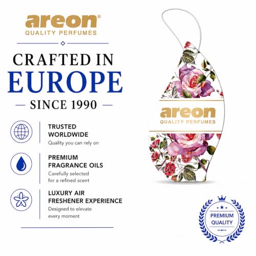 Image of AREON Rose Valley Hanging Air Freshener - Luxury Rose Floral Fragrance for Car, Home, Office, Long Lasting Perfume Aroma Odor Eliminator Decorative Scent Freshener (Pack of 3)