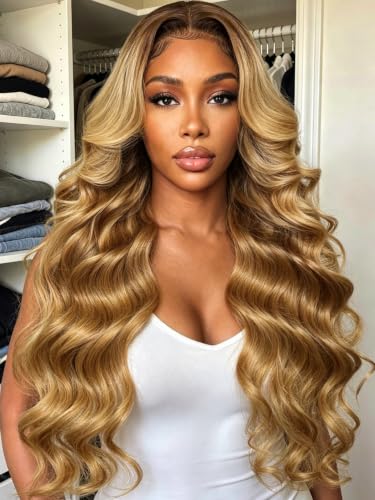Image of KLAIYI Bye Bye Slip Ombre Honey Blonde Loose Body Wave Precut 7X5Lace Front Human Hair Wig with Brown Roots Drawstring Glueless Ready to Wear and Go Wig Face Framing Pre Plucked Bleached Knots 18Inch
