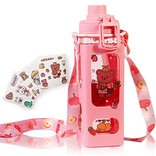 ZRHXG Kawaii Botella de agua cuadrada, de plástico, con pajita y correa para el hombro, botella de agua, jarra de agua portátil a prueba de fugas, para niñas bonitas, escuela (rosa-700 ml)