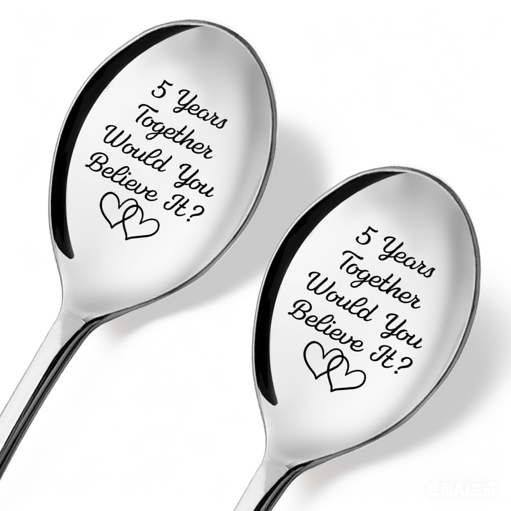 5 Years Together Would You Believe It - 2 Pcs Spoon Set, Couples Men Women Ice Cream Spoon, 5th Wedding Anniversary Scoop Gifts for Boyfriend Girlfriend Couples Marriage Husband Wife Parents