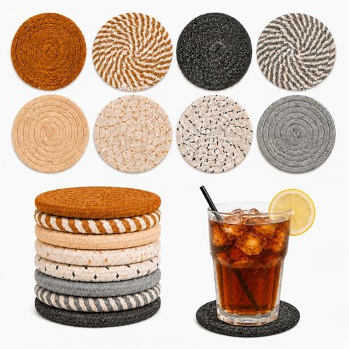 8 PCS Coasters for Drinks - MAQIHAN Woven Absorbent Coaster Set of 8 Colors 4.3 Inch for Boho Home Decor Coffee Table Farmhouse Kitchen Tabletop Protection Ideal Housewarming Gift