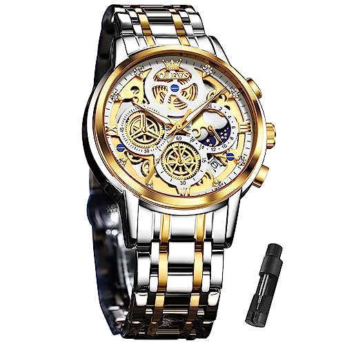 Image of OLEVS Skeleton Watch for Men Stainless Steel Chronograph Watch for Men Classic Waterproof Mens Watches with Date Luxury Business Men's Analog Wrist Watches, relojes para Hombres Blue /Black /Gold /White