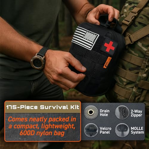 GunZee 175-Piece Survival Kit, First Aid Kit for Emergency and Outdoor Adventures, IFAK, Fishing Gear, MOLLE-Compatible Bag, Car Travel, Camping, Hiking, Earthquake, Tornado, Gifts for Men and Women - Image 3