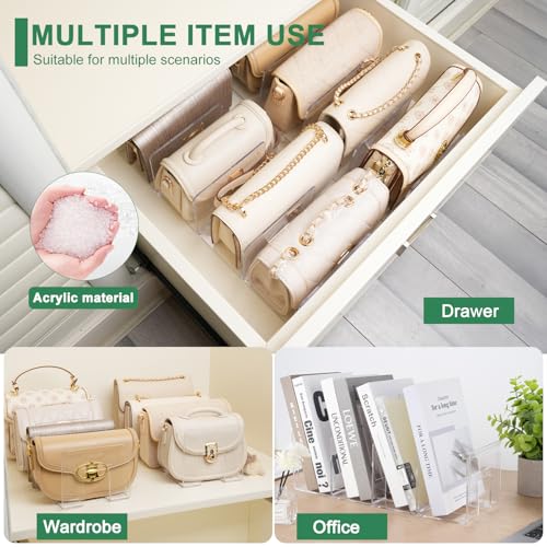 2 Pack Acrylic Purse Organizer for Closet, 8-Slot Bag & Purse Organizer, No Assembly, Clear Handbag Storage Shelf .for Shelf Divider Handbags, Clothes, Sweater4
