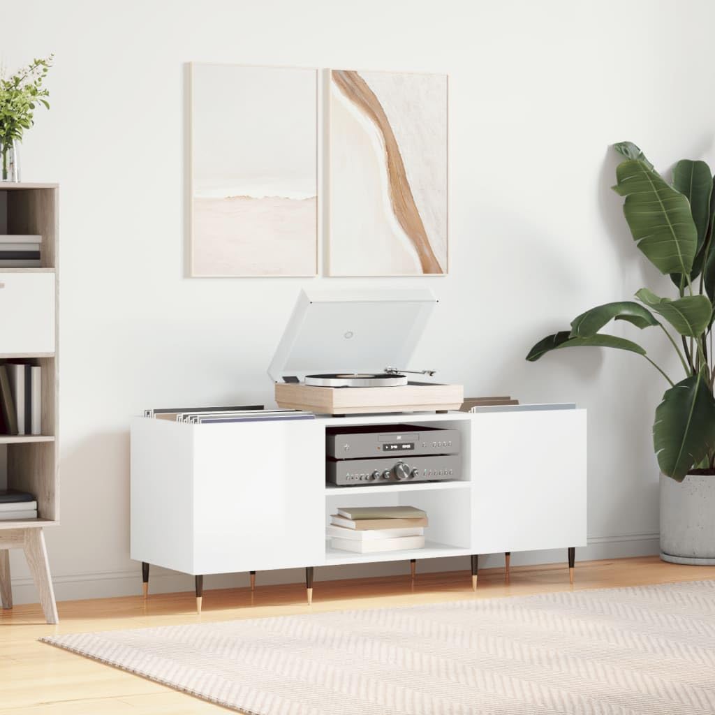 Armoire à disques, blanc brillant, 121 x 38 x 48 cm, en bois avec pieds en fer, espace de rangement pour vinyles, CD et DVD, convient comme meuble multimédia et TV pour salon et home cinéma