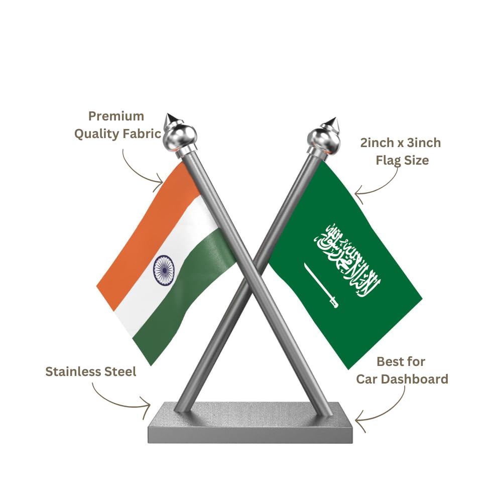 The Flag Company India & Saudi Arabia Car Dashboard Flag 2x3 Inch Premium Flags with Stainless Steel Pole & Base | Compact Dual Display for Car Interiors & Desks 1