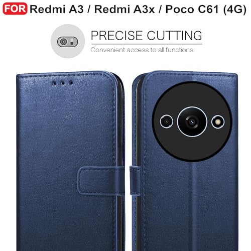 Image of CEDO Flip Cover for Redmi A3 / Redmi A3x / Poco C61 (4G) | Leather Finish | Inside Pockets & Inbuilt Stand | Shockproof Wallet Style Magnetic Closure Back Case Flipcover (Blue)