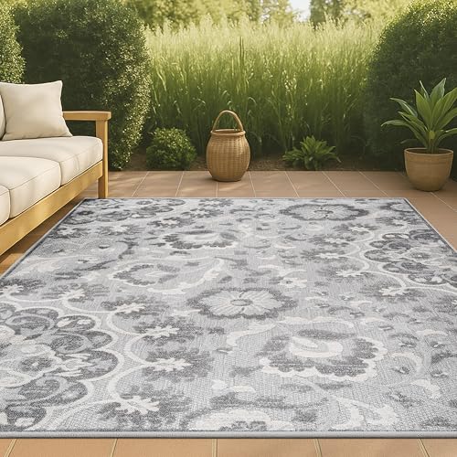 Tapete decorativo rectangular 3x5 gris claro con diseño floral