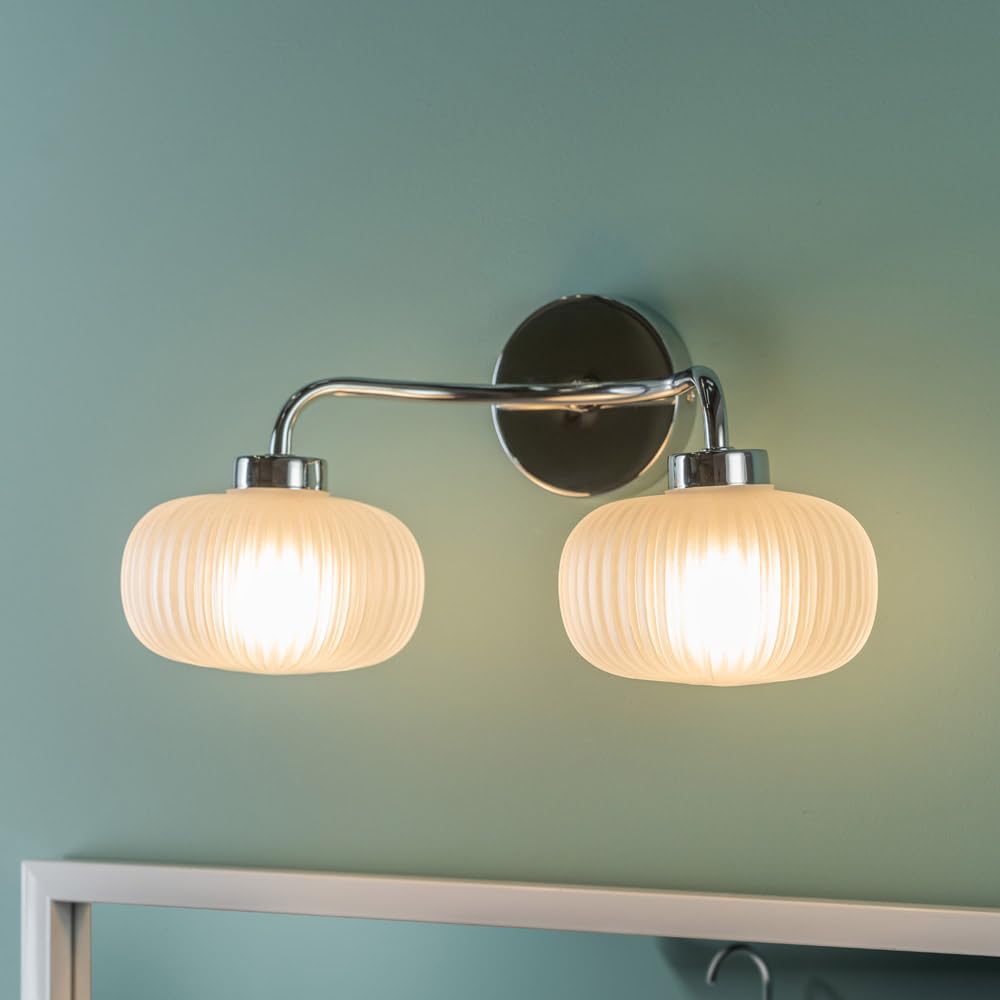ValueLights | Chrome 2 Way Wall Light Fitting with Frosted Ribbed Lampshades | Bath Wall Lights, Home Décor & Improvement Essential | Includes Bulb | Mains Wired