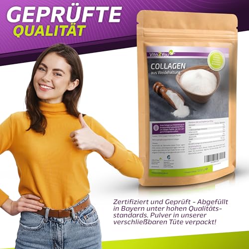 Vita2You Collagen Pulver 1kg - Bioaktives Kollagen - 100% CollaSel Pro® - aus Weidehaltung und Grasfütterung - Hydrolysat Peptide Typ 1 und 3 - Eiweiss -1000g - Premium Qualität