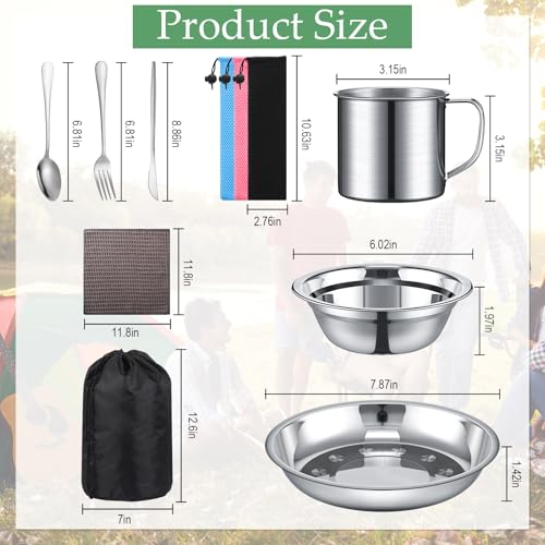 Lallisa Outdoor Camping Cookware Mess Kit Polished Stainless Steel Dishes Camping Utensils Portable Tableware with Plates Cups Spoons Forks Knives Mesh Bag for Backpacking Hiking - Image 3