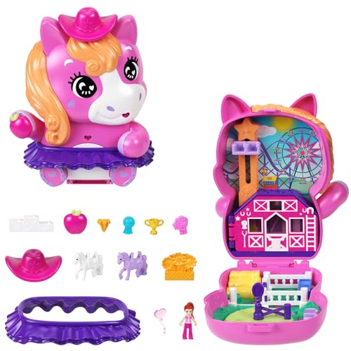 Polly Pocket Poni rodeo Estuche, conjunto de juego y muñecos, juguete de viaje con 1 muñequita, caballos, comida y accesorios de moda, JCR39