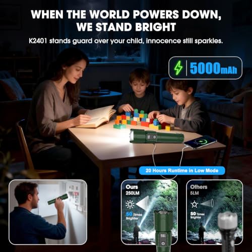 Image of Tactical Flashlight Super Bright High Lumens Rechargeable LED Flash Light | 5000ft Beam, 5000mah, 20H Long Lasting, USB C Charging, Zoomable 5 Modes, Waterproof for Camping Hiking Emergency Men Gift