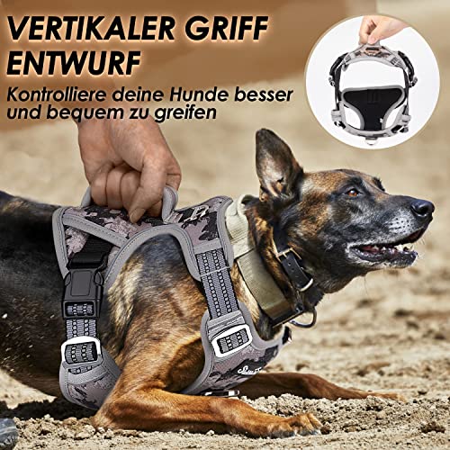 Eyein Hundegeschirr für Große Hunde, Anti Zug Brustgeschirr mit 2 Leinenclips und leicht zu bedienendem Griff, Verstellbare und reflektierende Gepolstert Geschirr für tägliches Training (Tarngrau, L)