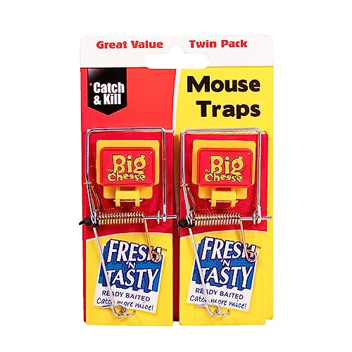 The Big Cheese Trampa para Ratones con Cebo Fresco, Paquete Doble, Mata Ratones con Mecanismo de Resorte, Lista para Usar, Madera recubierta de plástico para una fácil Limpieza, Uso en Interiores y
