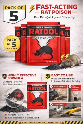 Image of Saifproducts Super Power Ratdol Rodent Control Powder 10g Zinc Phosphide Tech | Home,Office, Warehouse | Safe Application Clean Environment Long Lasting Protection (Pack of 5)