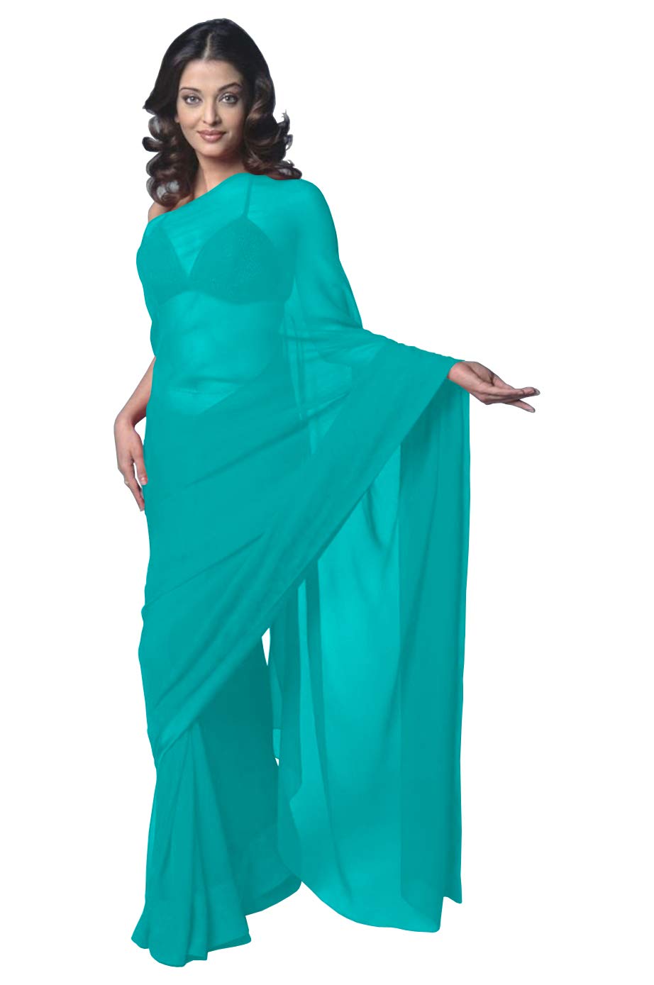 Women's Bollywood Chiffon Plain Sari Festival Uniform Saree Wrap Fabric Unstitched Blouse Piece Party Wear, Turquise Blue, One Size