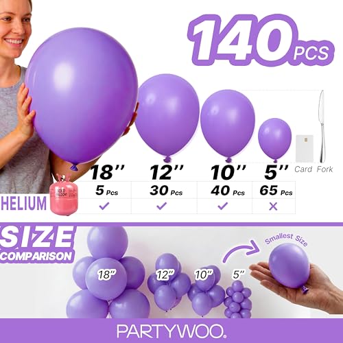Image of PartyWoo Purple Balloons 140 pcs Different Sizes of 18 12 10 5 Inch Purple Balloon Arch Kit Garland for Birthday Graduation Engagement Wedding Bachelorette Bridal Shower Party Decorations Purple-Y15