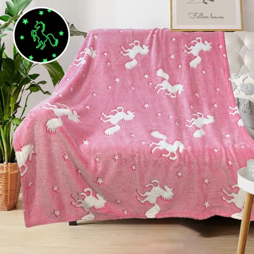 Image of COMFAR Unicorn Blanket for Girls, Glow in the Dark Blanket for Kids, Personalized Unicorn Gifts for Baby /Toddler /Age 1-12, Soft Polyester Fleece Throw Blanket 50x60 Inches, Pink