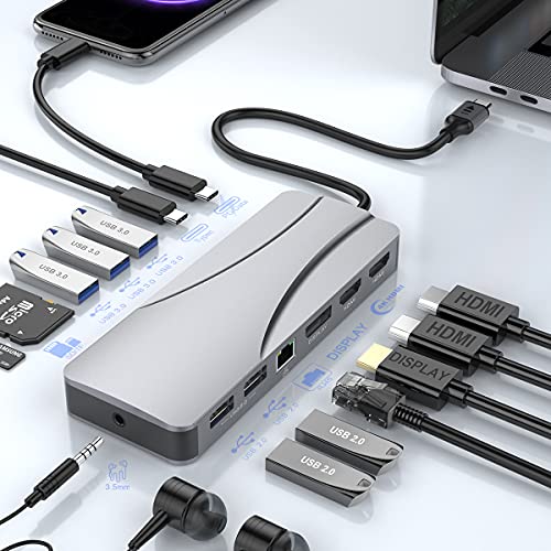 USB C Hub, Rocketek 14-in-1 USB C Docking Station Triple Display with Ethernet 4K USB C to HDMI Adapter DP USB hub adapter SD/TF Card Reader Audio USB-C PD 3.0 Type C Hub for Mac Pro and Type C Laptop