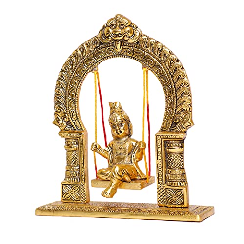 Image of KridayKraft Metal Laddu Gopal Swing Jhula Gold Plated Krishna Jhula palna for Temple,Pooja Room, Decor Your Home,Office & Gift Your Relatives On Wedding,Anniversaries,Birthday.