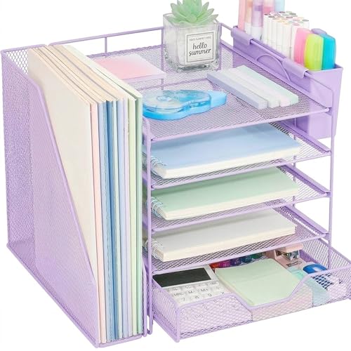 Gugsey Desk Organizer, 5-Tier Paper Letter Tray Organizer with File Holder, Drawer and Pen Holder, Desktop Organizer for Office Supplies, Purple