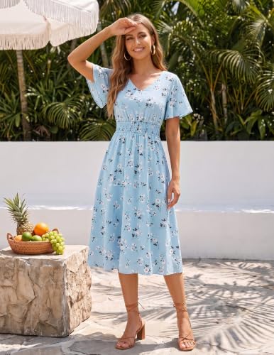 Image of Gardenwed Chiffon Floral Dresses Summer Midi Wedding Guest Dress V Neck for Women Elastic Waist