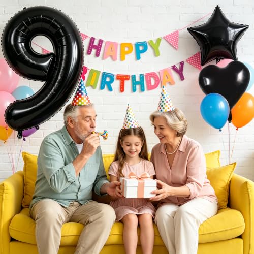 Image of TONIFUL 9th Birthday Balloons Kit 40 Inch Black Large Number 9 Foil Balloon | with 18Inch Helium Mylar Heart Star Balloons for Kids Women Men Birthday Anniversary Graduation New Year Eve Party Decoration