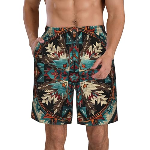 Round Native American Tribal Geometric Southwestern Men's Quick Dry Swim Trunks Surfing Beach Mesh Board Shorts