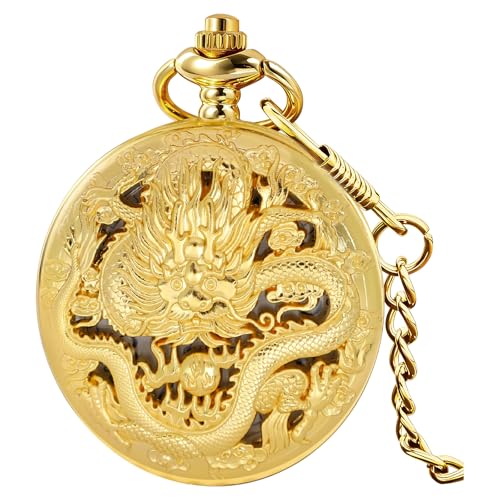 Image of Dragon Design Quartz Pocket Watch Roman Numerals with Chain Birthdays Gifts for Father's Days