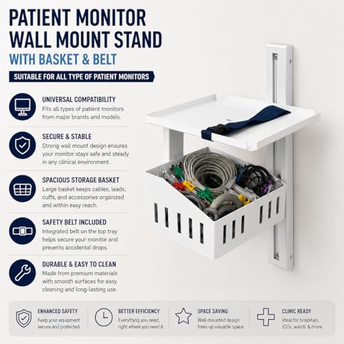 Image of Patient Monitor Wall Mount Stand With Basket and Belt, Compatible All Multipara Patient Monitors. ICU, OT, CLINIC, OPD, Microbiology Labs (PACK OF 2)