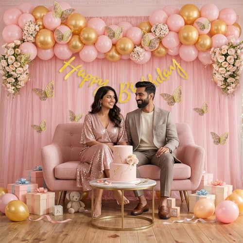 Image of Party Propz Butterfly Theme Happy Birthday Decoration Kit -47 Pcs, Birthday Decoration Items with Light Pink Curtains, Golden Happy Birthday Banner, Balloons for Birthday Decoration (Cardstock, Latex)