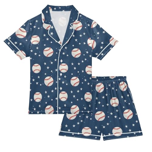 Cartoon Baseball with Star Summer Satin Pajama Set, Cute Button-Down Sleepwear Pj Set for Sleep Wears