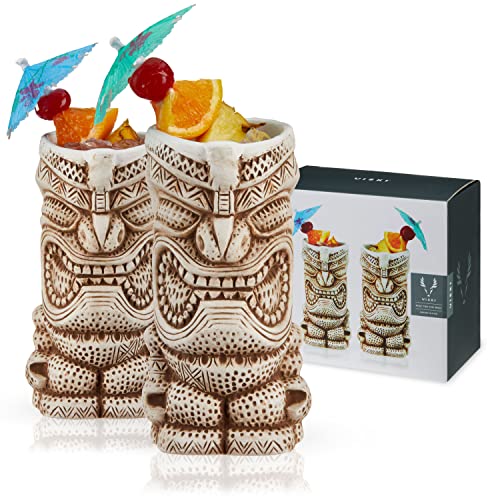 Viski High Tide Tiki Mugs - Hand Painted Ceramic Tiki Glasses for Cocktails - Tiki Barware 14.5oz Highballs Set of 2 White