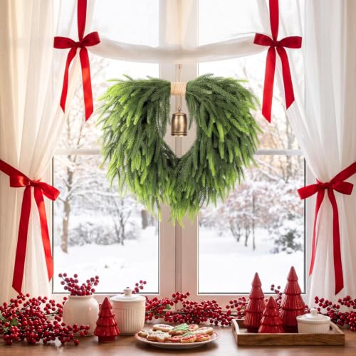 ZHWOSEE 24" Heart Artificial Norfolk Pine Wreath, Vintage Metal Bell Accent - image 6