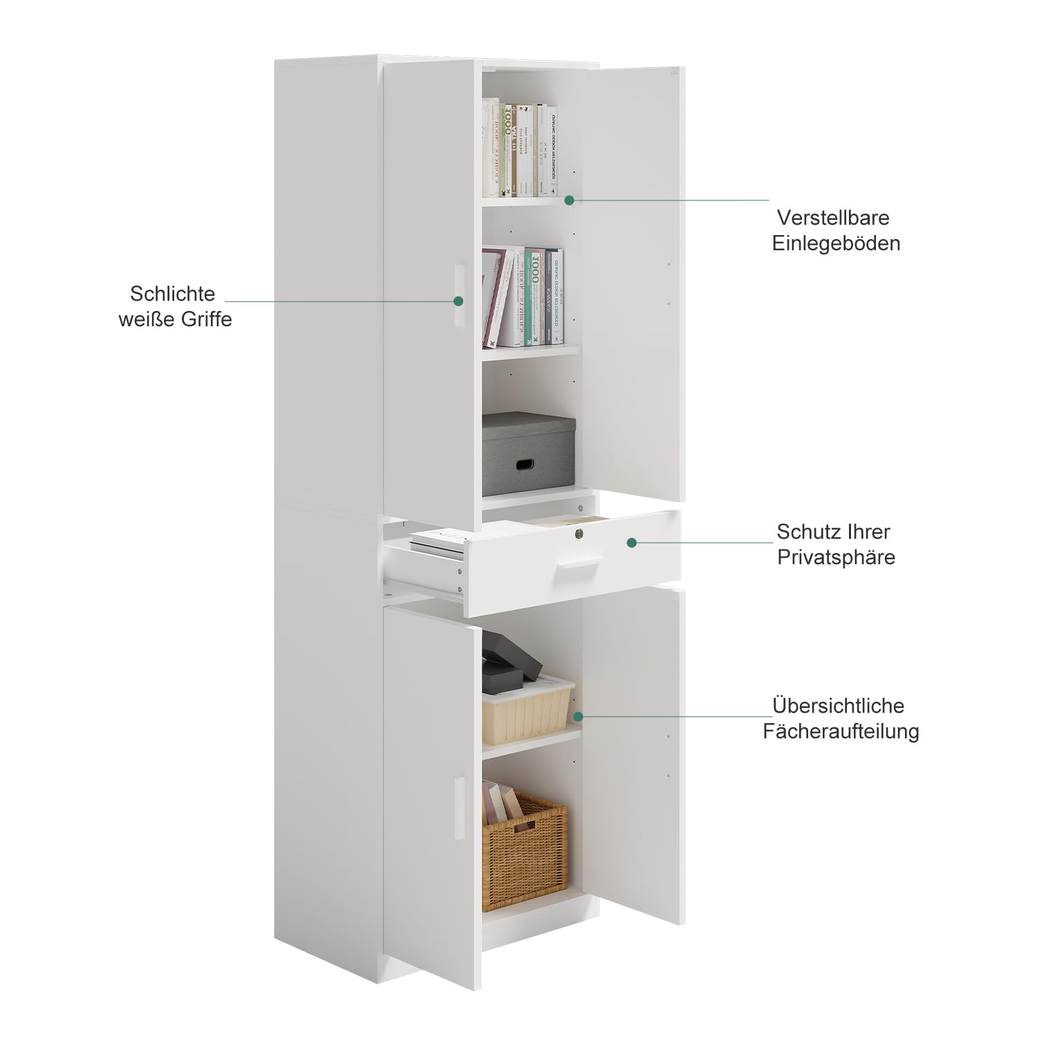 Mehrzweckschrank Büroschrank, Aktenschrank mit Schublade, Weiß | Schrank mit Schublade Türen，Kleiderschrank Küchenschrank Hochschrank，60x180x34 cm (BxHxT)