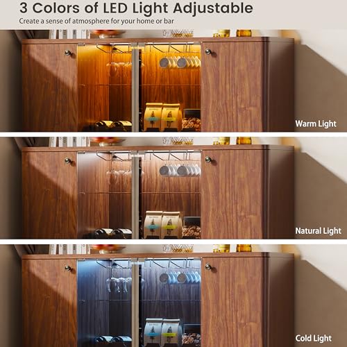 Image of Coffee Bar Cabinet with LED Light & Glass Doors, 60 inch Wine Liquor Cabinet with Wine Rack & Glass Holder & Adjustable Shelves, Coffee Station Sideboard Buffet Cabinet for Living Room Kitchen