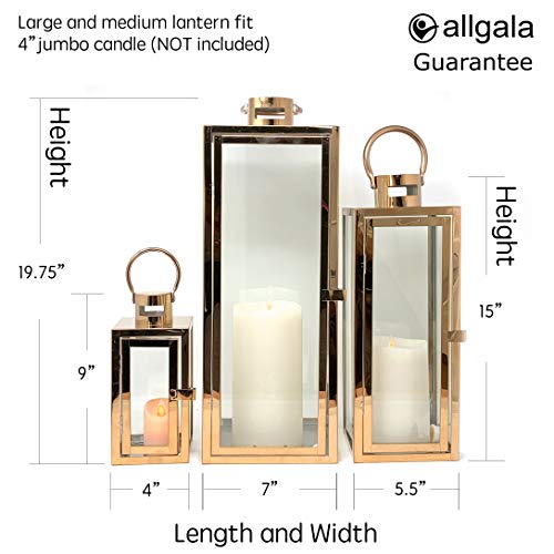 Image of Allgala 3-PC Lantern Set 23 Inch Jumbo Deluxe Modern Indoor /Outdoor Candle Lantern Set Stainless Steel Frame Tempered Glass Rectangular Rose Gold for Garden Poolside Fireplace Wedding
