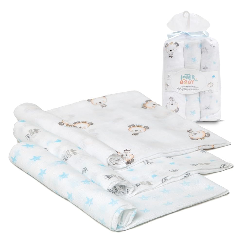 Interbaby Muselinas Bebe Algodon 80x80cm | Pack 3 Gasas para Bebes Recien Nacidos, Lactancia, Toalla, Manta | Muselinas Bebe Cómoda, Suave, Transpirable, Azul