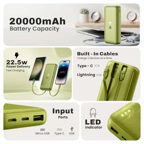 Image of EVM EnConnect Plus 20000mAh Power Bank | 22.5 W Fast Charging | Built-in Type-C & Lightning Cables | USB-A & Type-C Output | Android, Pocket Size | 2 Year Warranty(EVM-P0506-Olive Green)
