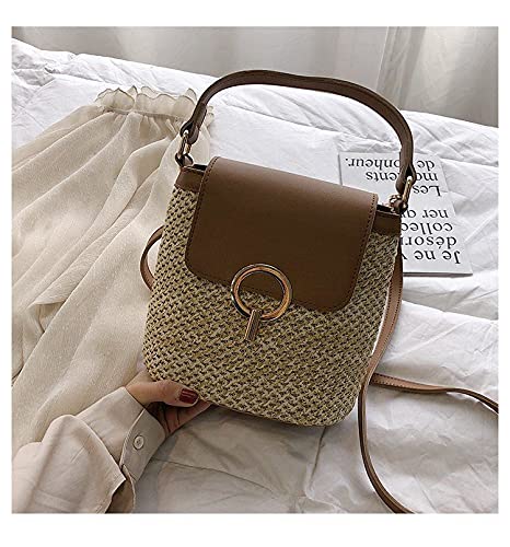 Small Straw Bucket Bags for Women Bags Lady Travel Purses and Handbags Female Shoulder Simple Bag Brown, Brown2