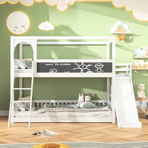 VixorLuilith Litera infantil de 90 x 200 cm, cama para 2 niños, cama alta con tablero de pintura, con somier y protección anticaídas, con tobogán, superficie de juego, adecuada para habitación