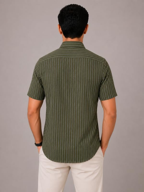 Image of MARK & ALBERT Men's Half Sleeve Cotton Linen Striped Shirt