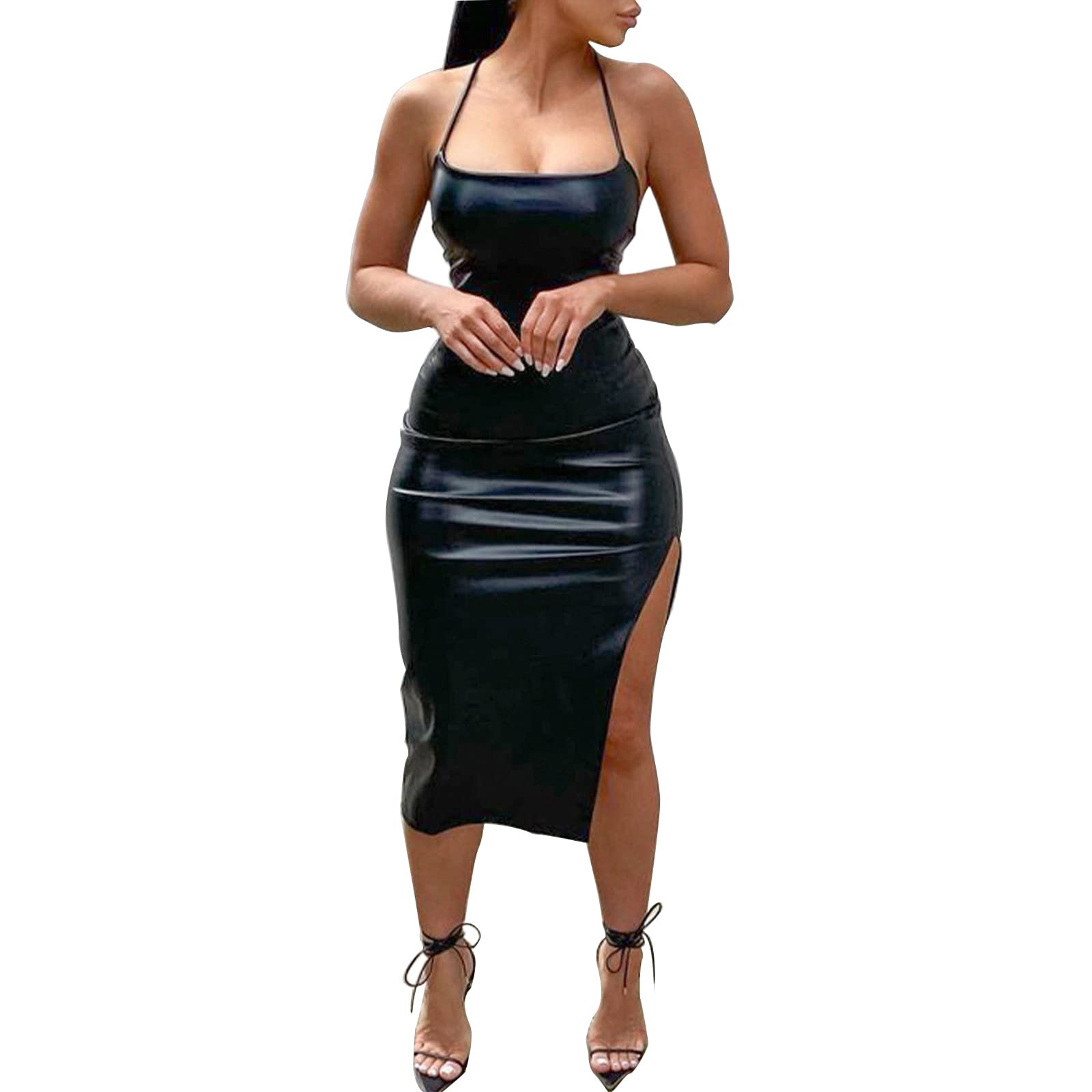 Women Faux Leather Dress Sleeveless Backless Bandage Bodycon Split Midi Dresses Party Cocktail: Large Black