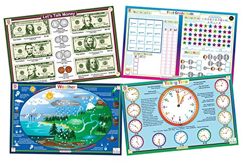 Tot Talk Everyday Skills Educational Placemat 4-Pack for Kids– Made in USA – Math, Money, Time & Weather – Ages 6-9 – Durable, Double-Sided, Waterproof, Wipeable Learning Mats