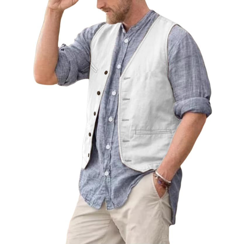 Men Vest Linen V Neck Lightweight Summer Casual Vest For Men Beach Wedding Groomsmen Waistcoat