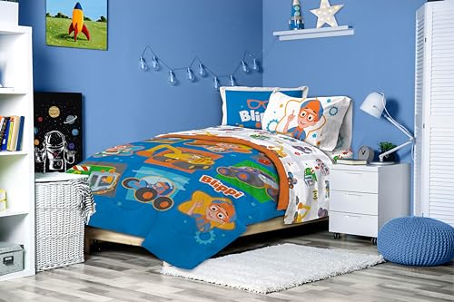 Image of Jay Franco Blippi & Meekah Trucks Full Comforter Set - 7 Piece Blue Bedding Sheet Set & Pillow Covers - Super Soft Microfiber Bed Set | Bed in a Bag, Comforter Sheets Shams Pillowcases, Official Product, Soft Microfiber, Machine Washable, Kids Gift